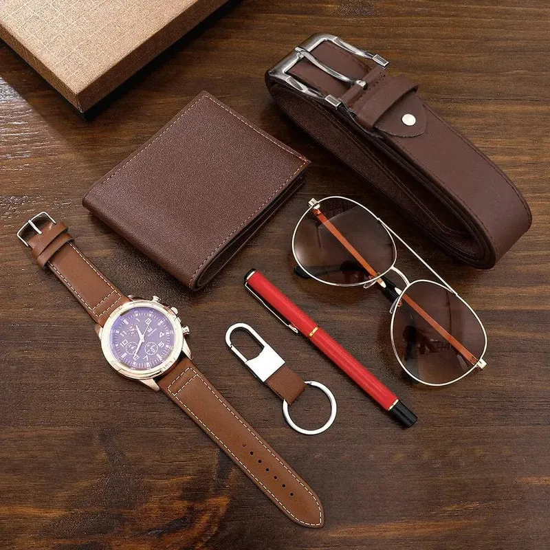 SHAARMS Herren-Geschenkuhr, Business-Luxus-Unternehmen, Herren-Set 6 in 1, Uhr, Brille, Stift, Schlüsselanhänger, Gürtel, Geldbörse, Willkommen, Urlaub, Geburtstag