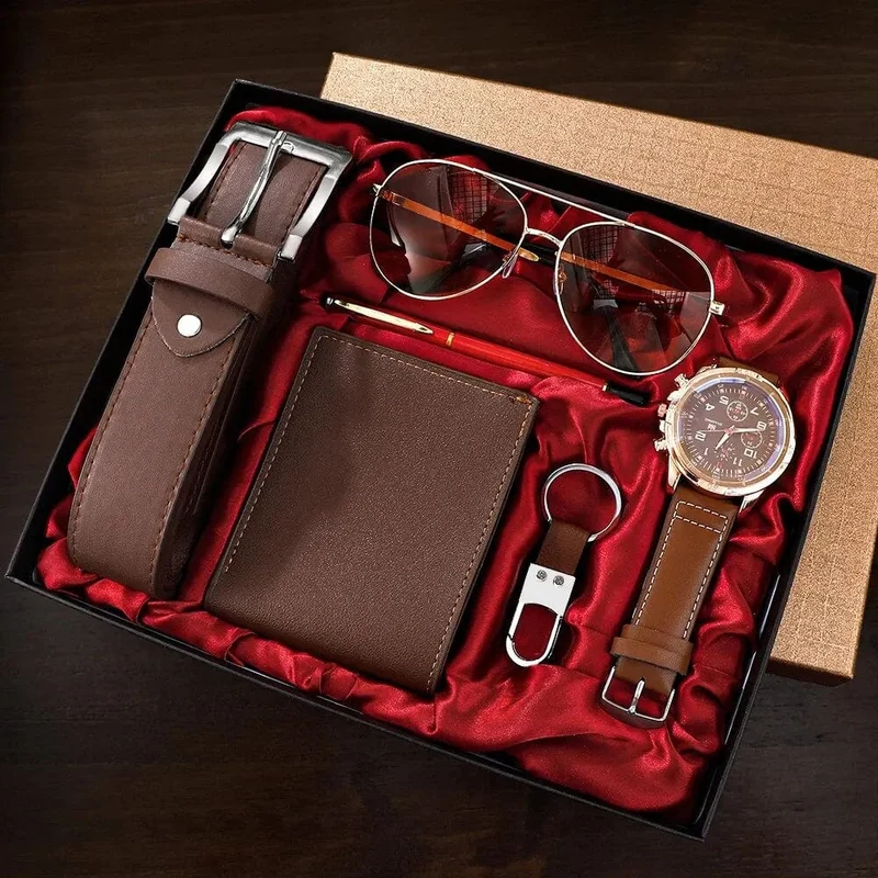 SHAARMS Herren-Geschenkuhr, Business-Luxus-Unternehmen, Herren-Set 6 in 1, Uhr, Brille, Stift, Schlüsselanhänger, Gürtel, Geldbörse, Willkommen, Urlaub, Geburtstag