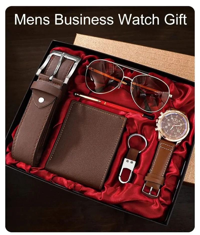 SHAARMS Herren-Geschenkuhr, Business-Luxus-Unternehmen, Herren-Set 6 in 1, Uhr, Brille, Stift, Schlüsselanhänger, Gürtel, Geldbörse, Willkommen, Urlaub, Geburtstag