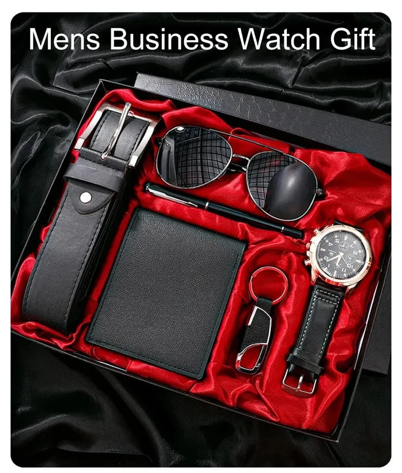 SHAARMS Herren-Geschenkuhr, Business-Luxus-Unternehmen, Herren-Set 6 in 1, Uhr, Brille, Stift, Schlüsselanhänger, Gürtel, Geldbörse, Willkommen, Urlaub, Geburtstag