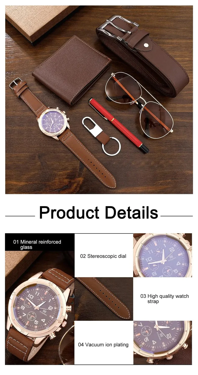 SHAARMS Herren-Geschenkuhr, Business-Luxus-Unternehmen, Herren-Set 6 in 1, Uhr, Brille, Stift, Schlüsselanhänger, Gürtel, Geldbörse, Willkommen, Urlaub, Geburtstag