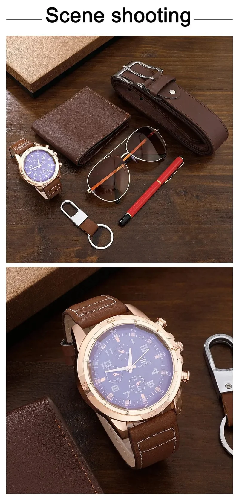 SHAARMS Herren-Geschenkuhr, Business-Luxus-Unternehmen, Herren-Set 6 in 1, Uhr, Brille, Stift, Schlüsselanhänger, Gürtel, Geldbörse, Willkommen, Urlaub, Geburtstag