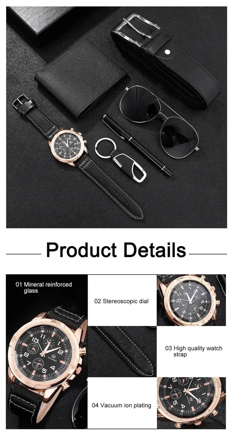 SHAARMS Herren-Geschenkuhr, Business-Luxus-Unternehmen, Herren-Set 6 in 1, Uhr, Brille, Stift, Schlüsselanhänger, Gürtel, Geldbörse, Willkommen, Urlaub, Geburtstag