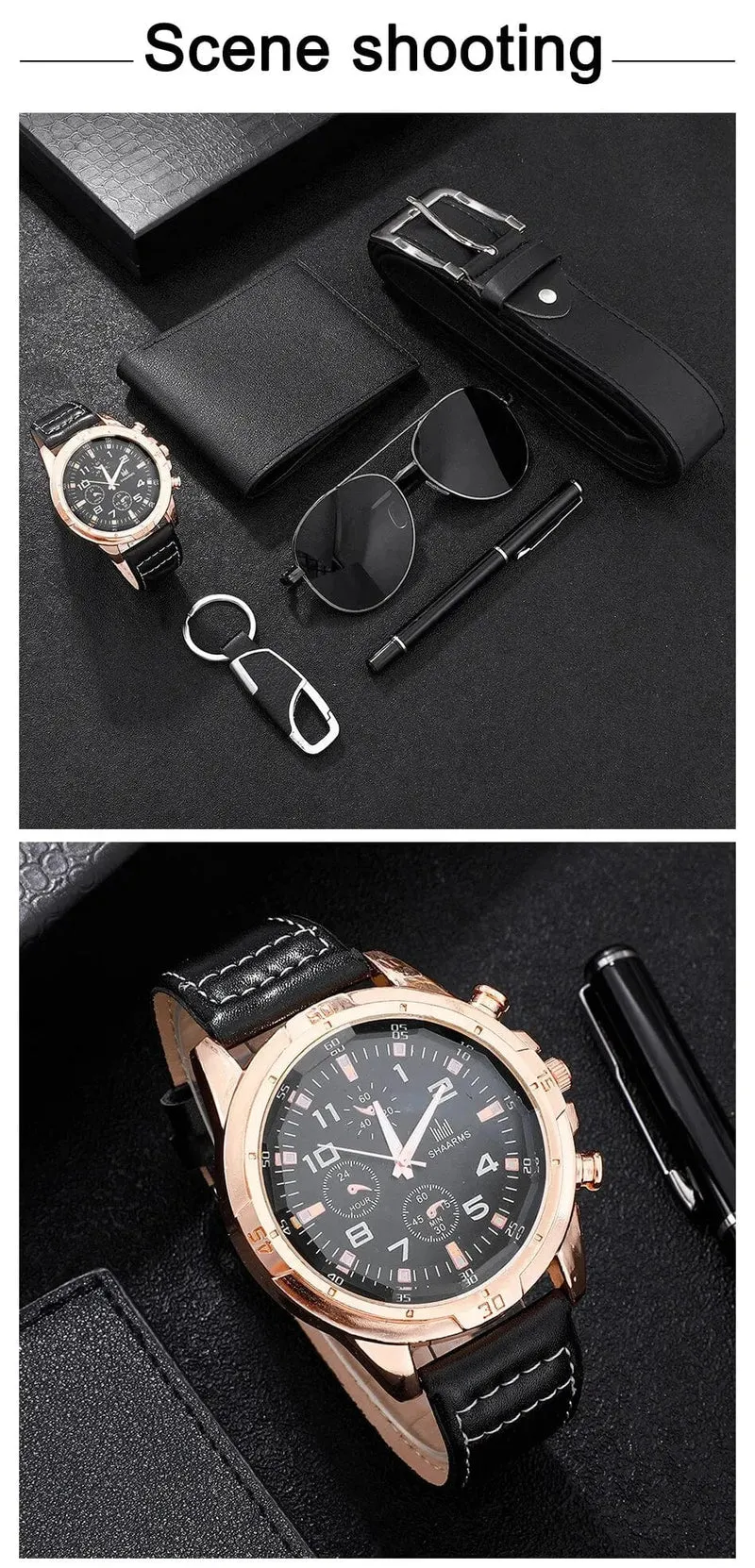 SHAARMS Herren-Geschenkuhr, Business-Luxus-Unternehmen, Herren-Set 6 in 1, Uhr, Brille, Stift, Schlüsselanhänger, Gürtel, Geldbörse, Willkommen, Urlaub, Geburtstag