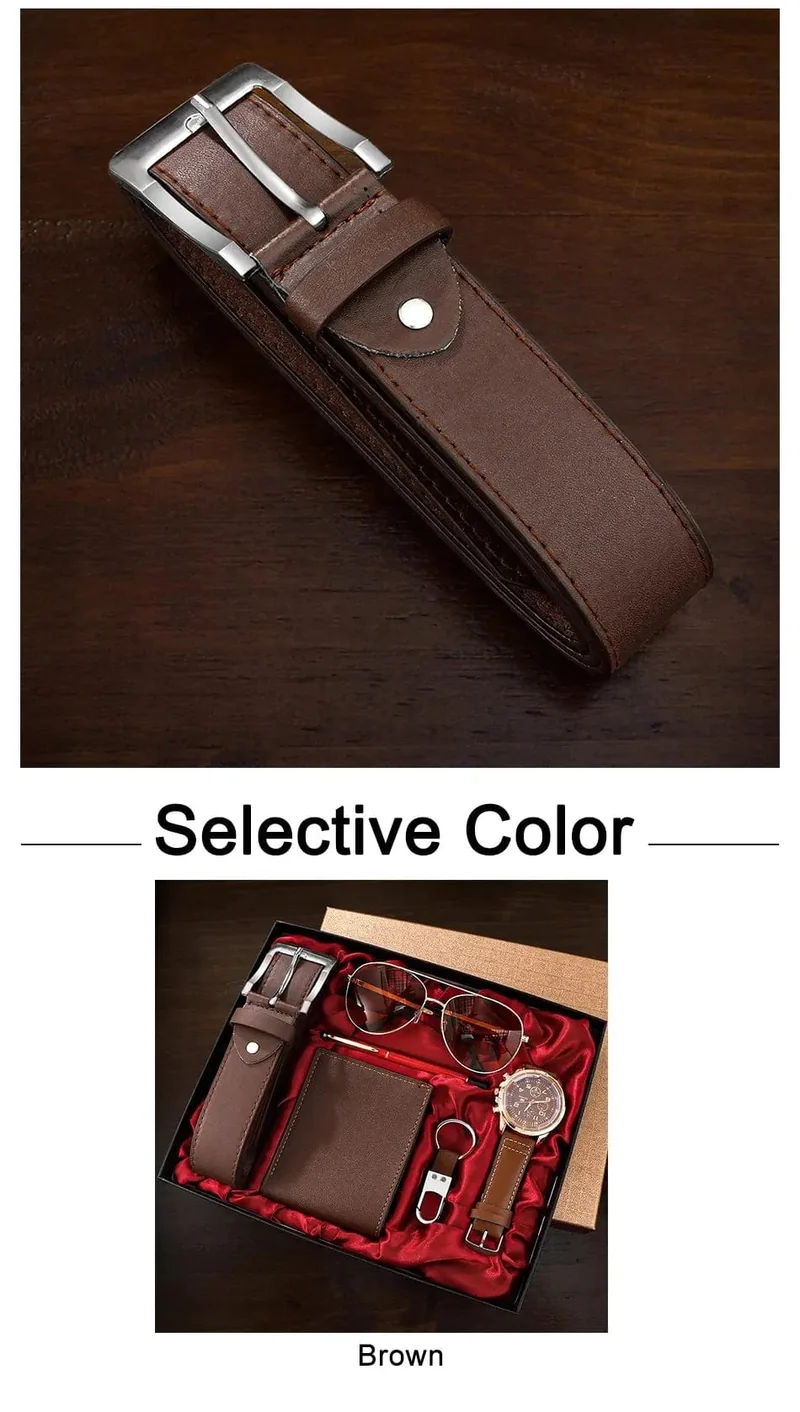 SHAARMS Herren-Geschenkuhr, Business-Luxus-Unternehmen, Herren-Set 6 in 1, Uhr, Brille, Stift, Schlüsselanhänger, Gürtel, Geldbörse, Willkommen, Urlaub, Geburtstag