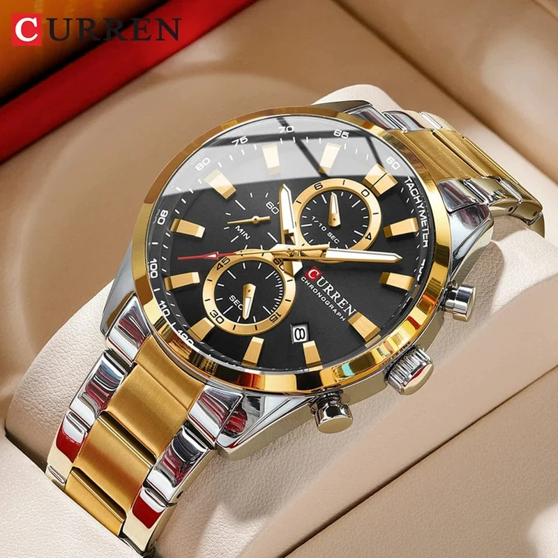 CURREN Lässige, sportliche Herren-Armbanduhr mit Edelstahlarmband, Chronograph, Quarzuhr mit Datum, Neu 8445