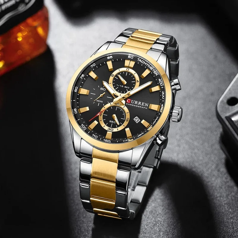 CURREN Lässige, sportliche Herren-Armbanduhr mit Edelstahlarmband, Chronograph, Quarzuhr mit Datum, Neu 8445