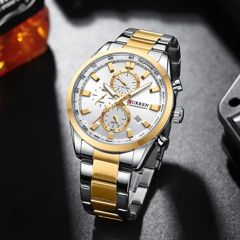 CURREN Lässige, sportliche Herren-Armbanduhr mit Edelstahlarmband, Chronograph, Quarzuhr mit Datum, Neu 8445