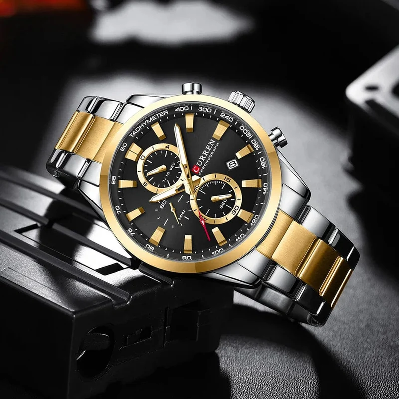 CURREN Lässige, sportliche Herren-Armbanduhr mit Edelstahlarmband, Chronograph, Quarzuhr mit Datum, Neu 8445