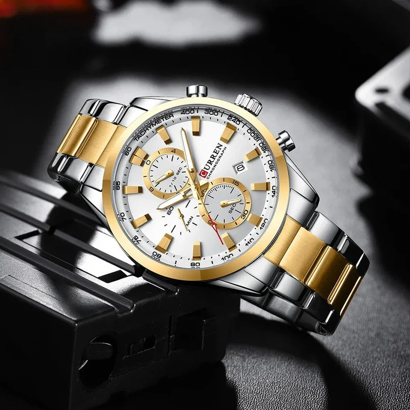 CURREN Lässige, sportliche Herren-Armbanduhr mit Edelstahlarmband, Chronograph, Quarzuhr mit Datum, Neu 8445