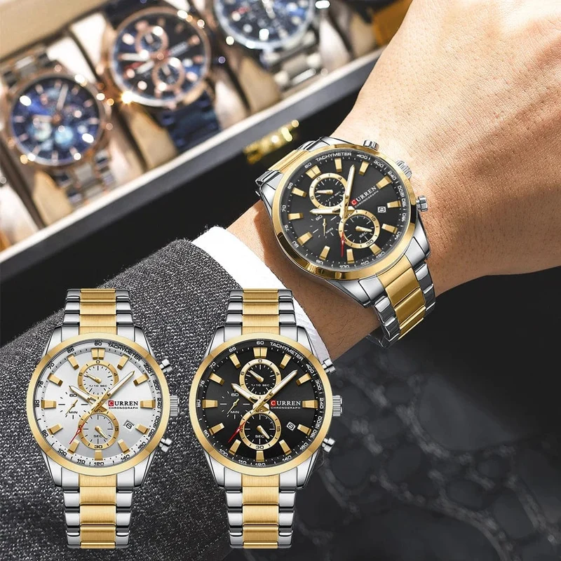 CURREN Lässige, sportliche Herren-Armbanduhr mit Edelstahlarmband, Chronograph, Quarzuhr mit Datum, Neu 8445