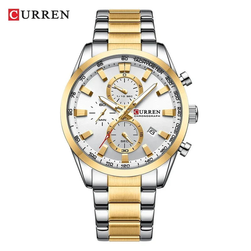 CURREN Lässige, sportliche Herren-Armbanduhr mit Edelstahlarmband, Chronograph, Quarzuhr mit Datum, Neu 8445