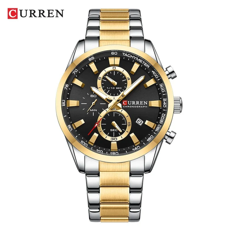 CURREN Lässige, sportliche Herren-Armbanduhr mit Edelstahlarmband, Chronograph, Quarzuhr mit Datum, Neu 8445