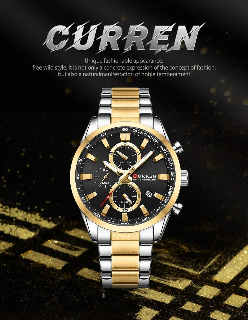 CURREN Lässige, sportliche Herren-Armbanduhr mit Edelstahlarmband, Chronograph, Quarzuhr mit Datum, Neu 8445