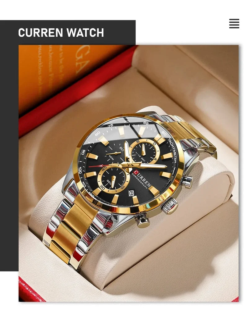 CURREN Lässige, sportliche Herren-Armbanduhr mit Edelstahlarmband, Chronograph, Quarzuhr mit Datum, Neu 8445