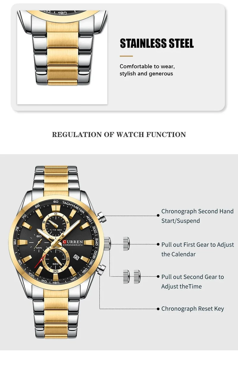 CURREN Lässige, sportliche Herren-Armbanduhr mit Edelstahlarmband, Chronograph, Quarzuhr mit Datum, Neu 8445
