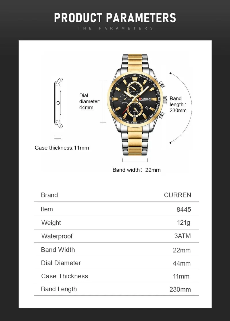 CURREN Lässige, sportliche Herren-Armbanduhr mit Edelstahlarmband, Chronograph, Quarzuhr mit Datum, Neu 8445