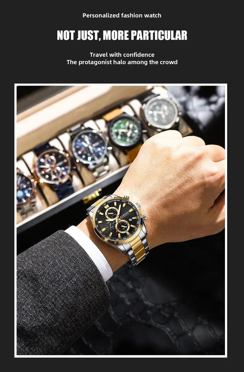 CURREN Lässige, sportliche Herren-Armbanduhr mit Edelstahlarmband, Chronograph, Quarzuhr mit Datum, Neu 8445