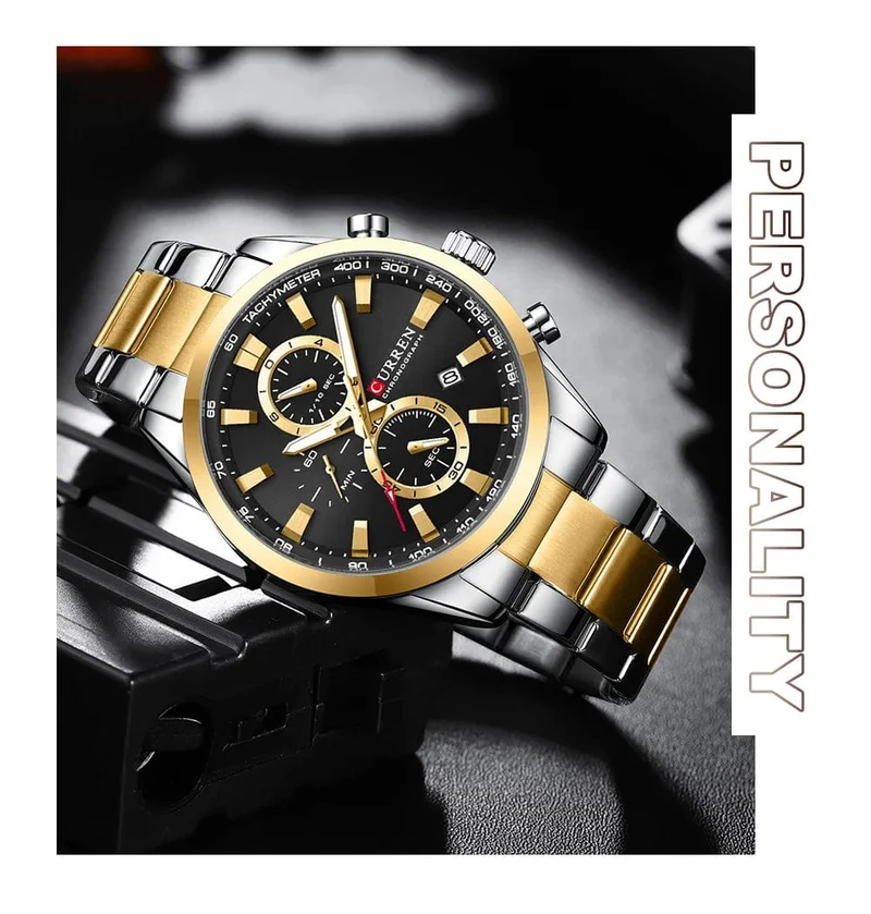 CURREN Lässige, sportliche Herren-Armbanduhr mit Edelstahlarmband, Chronograph, Quarzuhr mit Datum, Neu 8445
