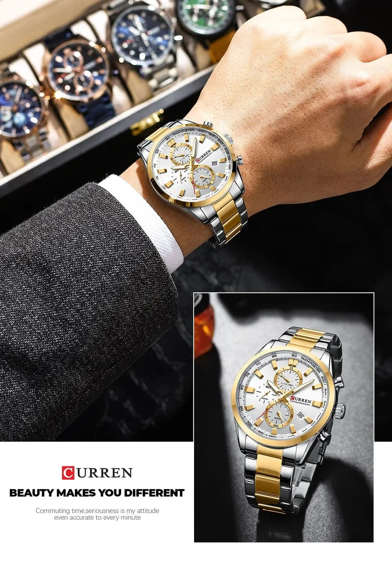 CURREN Lässige, sportliche Herren-Armbanduhr mit Edelstahlarmband, Chronograph, Quarzuhr mit Datum, Neu 8445