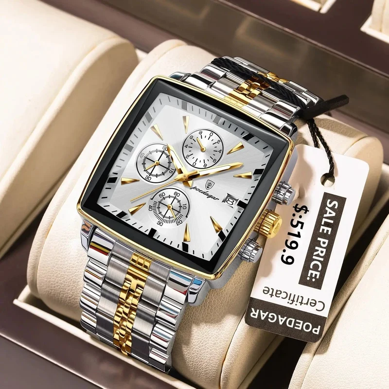 POEDAGAR Luxus Quadrat Sport Mann Armbanduhr Wasserdicht Leucht Chronograph Quarz Herren Uhren Edelstahl Männer Uhr Reloj