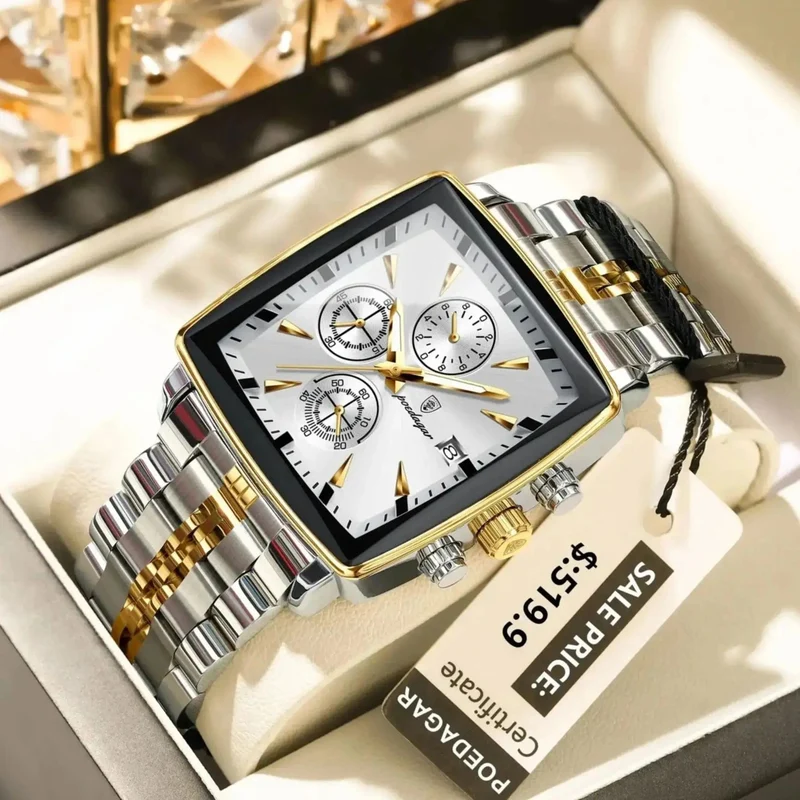 POEDAGAR Luxus Quadrat Sport Mann Armbanduhr Wasserdicht Leucht Chronograph Quarz Herren Uhren Edelstahl Männer Uhr Reloj