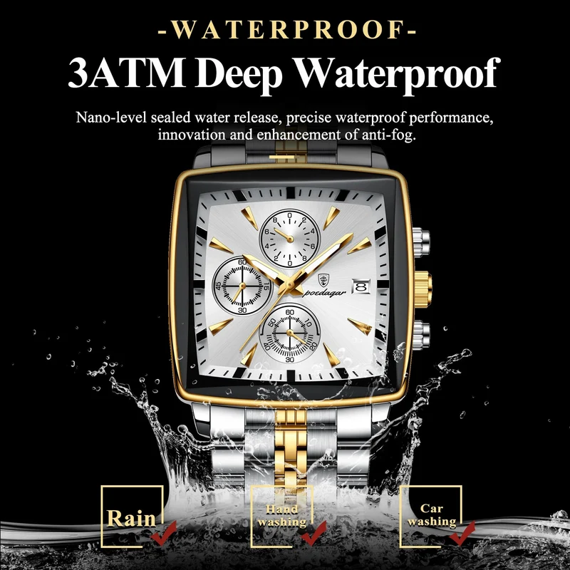 POEDAGAR Luxus Quadrat Sport Mann Armbanduhr Wasserdicht Leucht Chronograph Quarz Herren Uhren Edelstahl Männer Uhr Reloj