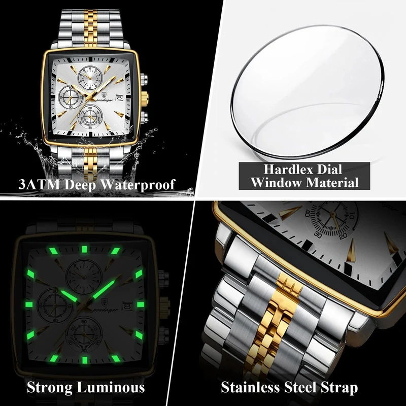 POEDAGAR Luxus Quadrat Sport Mann Armbanduhr Wasserdicht Leucht Chronograph Quarz Herren Uhren Edelstahl Männer Uhr Reloj