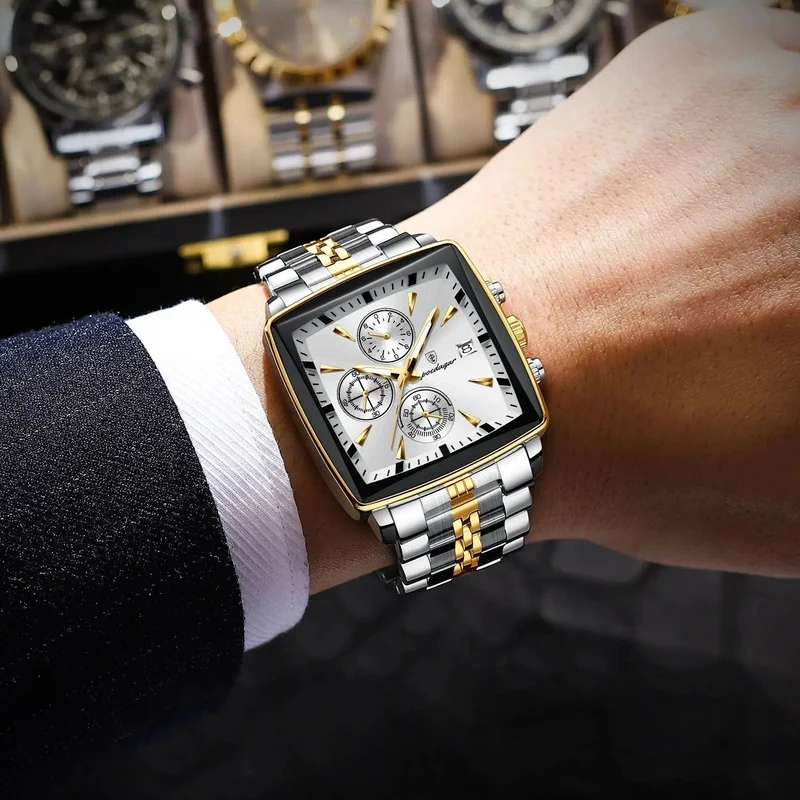 POEDAGAR Luxus Quadrat Sport Mann Armbanduhr Wasserdicht Leucht Chronograph Quarz Herren Uhren Edelstahl Männer Uhr Reloj