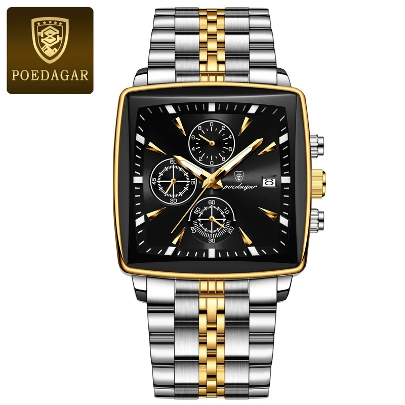 POEDAGAR Luxus Quadrat Sport Mann Armbanduhr Wasserdicht Leucht Chronograph Quarz Herren Uhren Edelstahl Männer Uhr Reloj