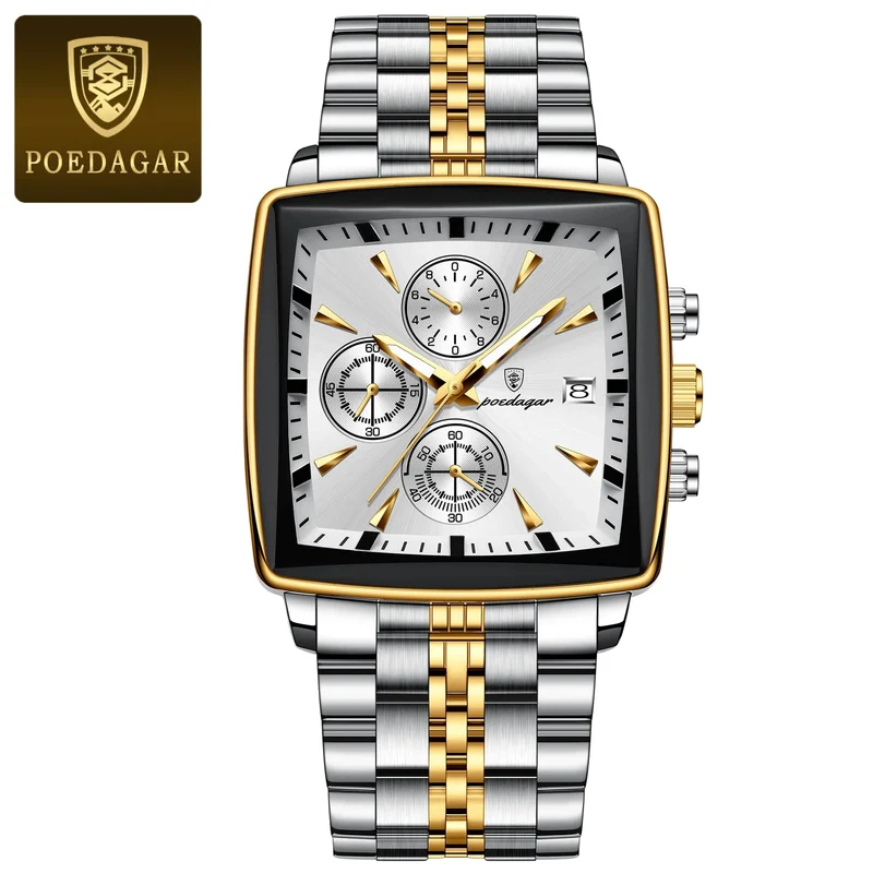 POEDAGAR Luxus Quadrat Sport Mann Armbanduhr Wasserdicht Leucht Chronograph Quarz Herren Uhren Edelstahl Männer Uhr Reloj