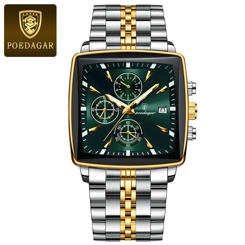 POEDAGAR Luxus Quadrat Sport Mann Armbanduhr Wasserdicht Leucht Chronograph Quarz Herren Uhren Edelstahl Männer Uhr Reloj