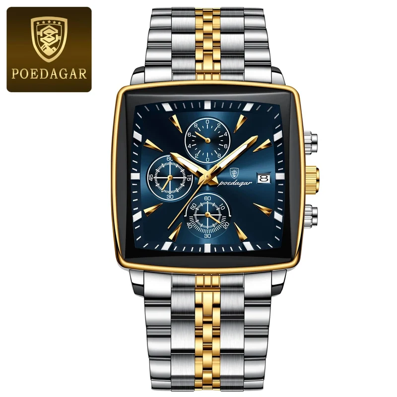 POEDAGAR Luxus Quadrat Sport Mann Armbanduhr Wasserdicht Leucht Chronograph Quarz Herren Uhren Edelstahl Männer Uhr Reloj