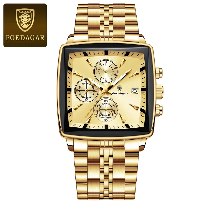 POEDAGAR Luxus Quadrat Sport Mann Armbanduhr Wasserdicht Leucht Chronograph Quarz Herren Uhren Edelstahl Männer Uhr Reloj