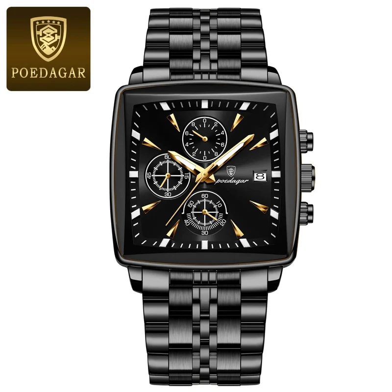 POEDAGAR Luxus Quadrat Sport Mann Armbanduhr Wasserdicht Leucht Chronograph Quarz Herren Uhren Edelstahl Männer Uhr Reloj