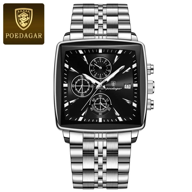 POEDAGAR Luxus Quadrat Sport Mann Armbanduhr Wasserdicht Leucht Chronograph Quarz Herren Uhren Edelstahl Männer Uhr Reloj