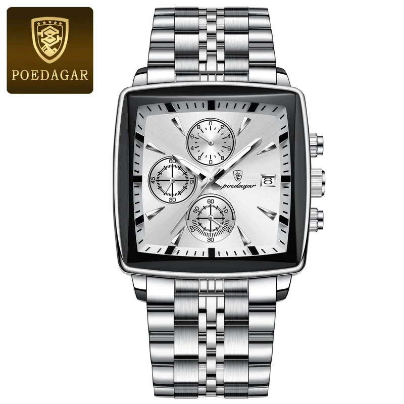 POEDAGAR Luxus Quadrat Sport Mann Armbanduhr Wasserdicht Leucht Chronograph Quarz Herren Uhren Edelstahl Männer Uhr Reloj