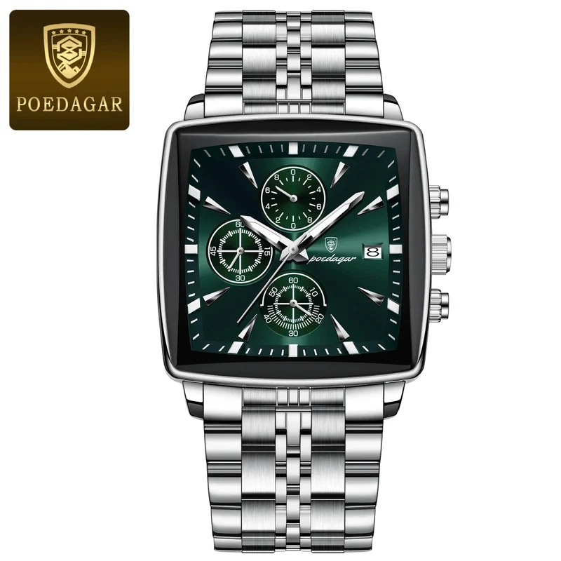 POEDAGAR Luxus Quadrat Sport Mann Armbanduhr Wasserdicht Leucht Chronograph Quarz Herren Uhren Edelstahl Männer Uhr Reloj