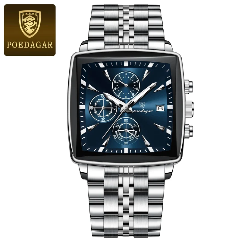 POEDAGAR Luxus Quadrat Sport Mann Armbanduhr Wasserdicht Leucht Chronograph Quarz Herren Uhren Edelstahl Männer Uhr Reloj