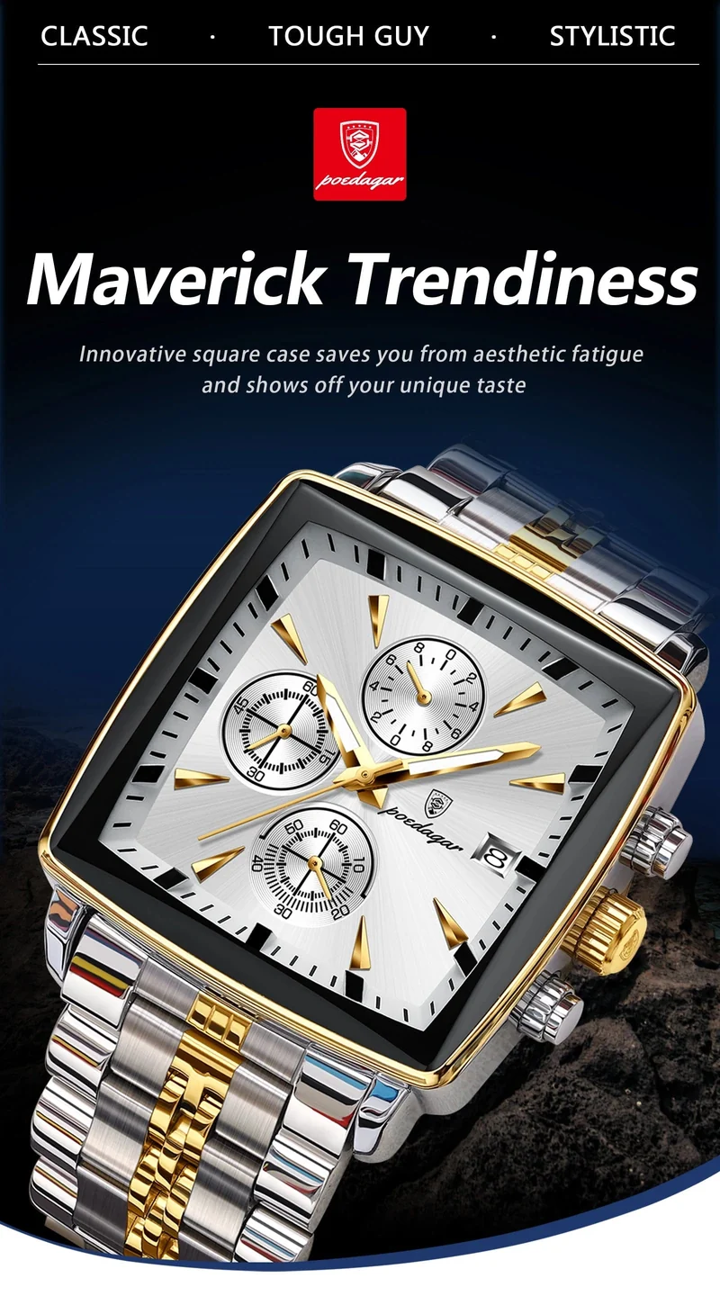 POEDAGAR Luxus Quadrat Sport Mann Armbanduhr Wasserdicht Leucht Chronograph Quarz Herren Uhren Edelstahl Männer Uhr Reloj