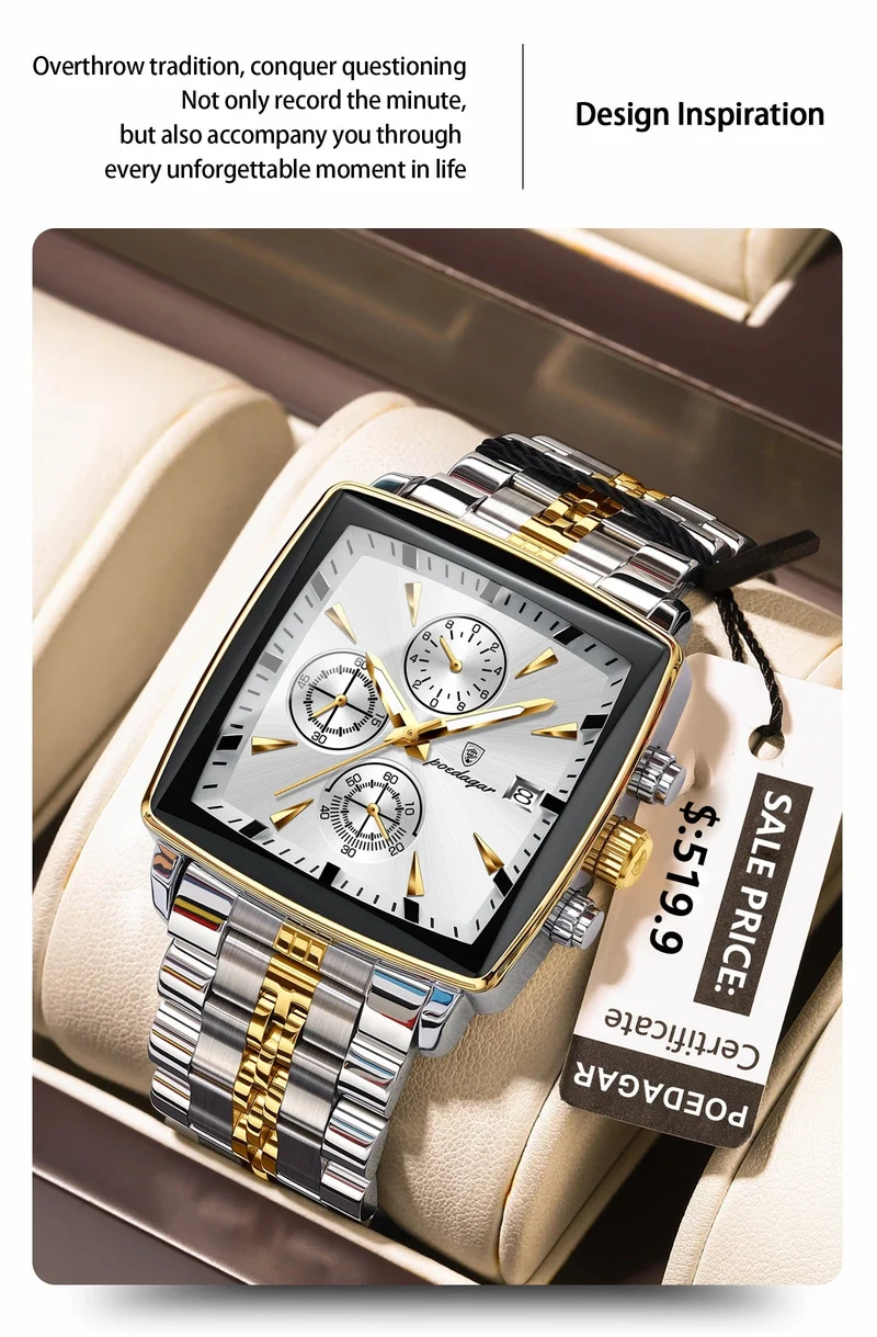 POEDAGAR Luxus Quadrat Sport Mann Armbanduhr Wasserdicht Leucht Chronograph Quarz Herren Uhren Edelstahl Männer Uhr Reloj