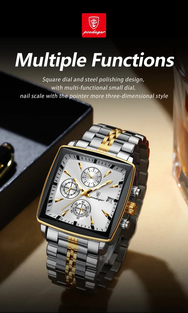POEDAGAR Luxus Quadrat Sport Mann Armbanduhr Wasserdicht Leucht Chronograph Quarz Herren Uhren Edelstahl Männer Uhr Reloj