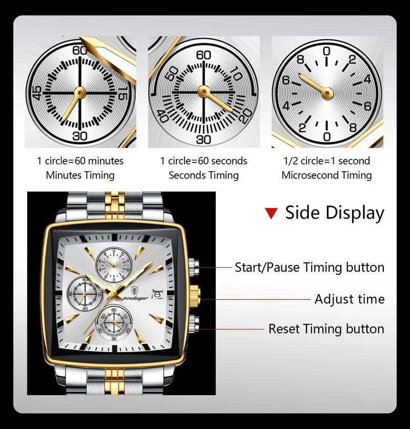 POEDAGAR Luxus Quadrat Sport Mann Armbanduhr Wasserdicht Leucht Chronograph Quarz Herren Uhren Edelstahl Männer Uhr Reloj