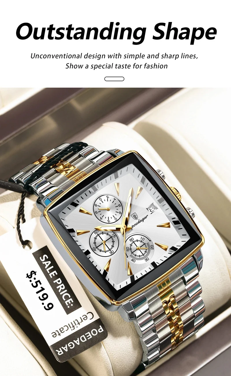 POEDAGAR Luxus Quadrat Sport Mann Armbanduhr Wasserdicht Leucht Chronograph Quarz Herren Uhren Edelstahl Männer Uhr Reloj