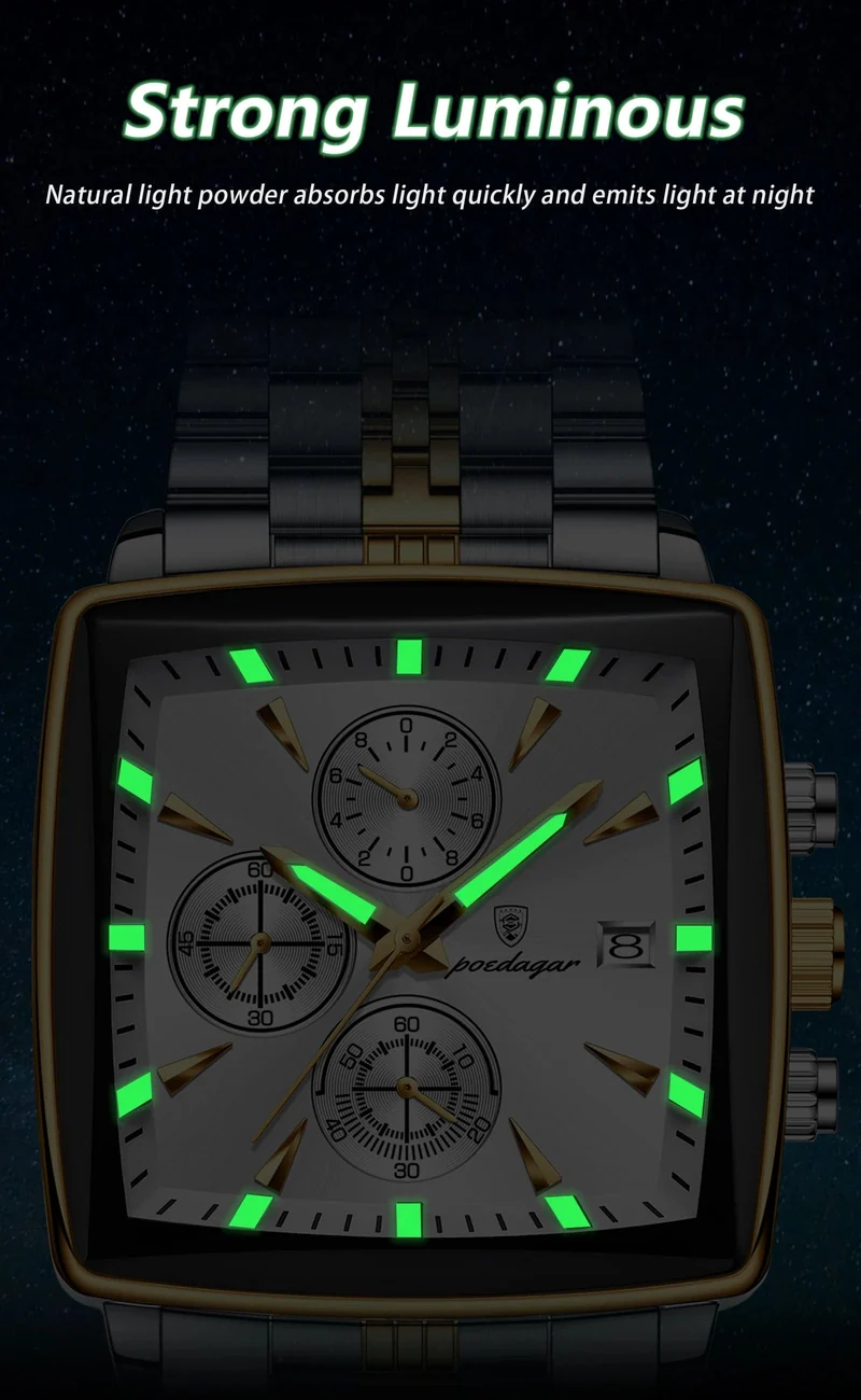 POEDAGAR Luxus Quadrat Sport Mann Armbanduhr Wasserdicht Leucht Chronograph Quarz Herren Uhren Edelstahl Männer Uhr Reloj
