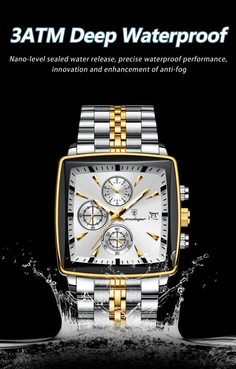 POEDAGAR Luxus Quadrat Sport Mann Armbanduhr Wasserdicht Leucht Chronograph Quarz Herren Uhren Edelstahl Männer Uhr Reloj