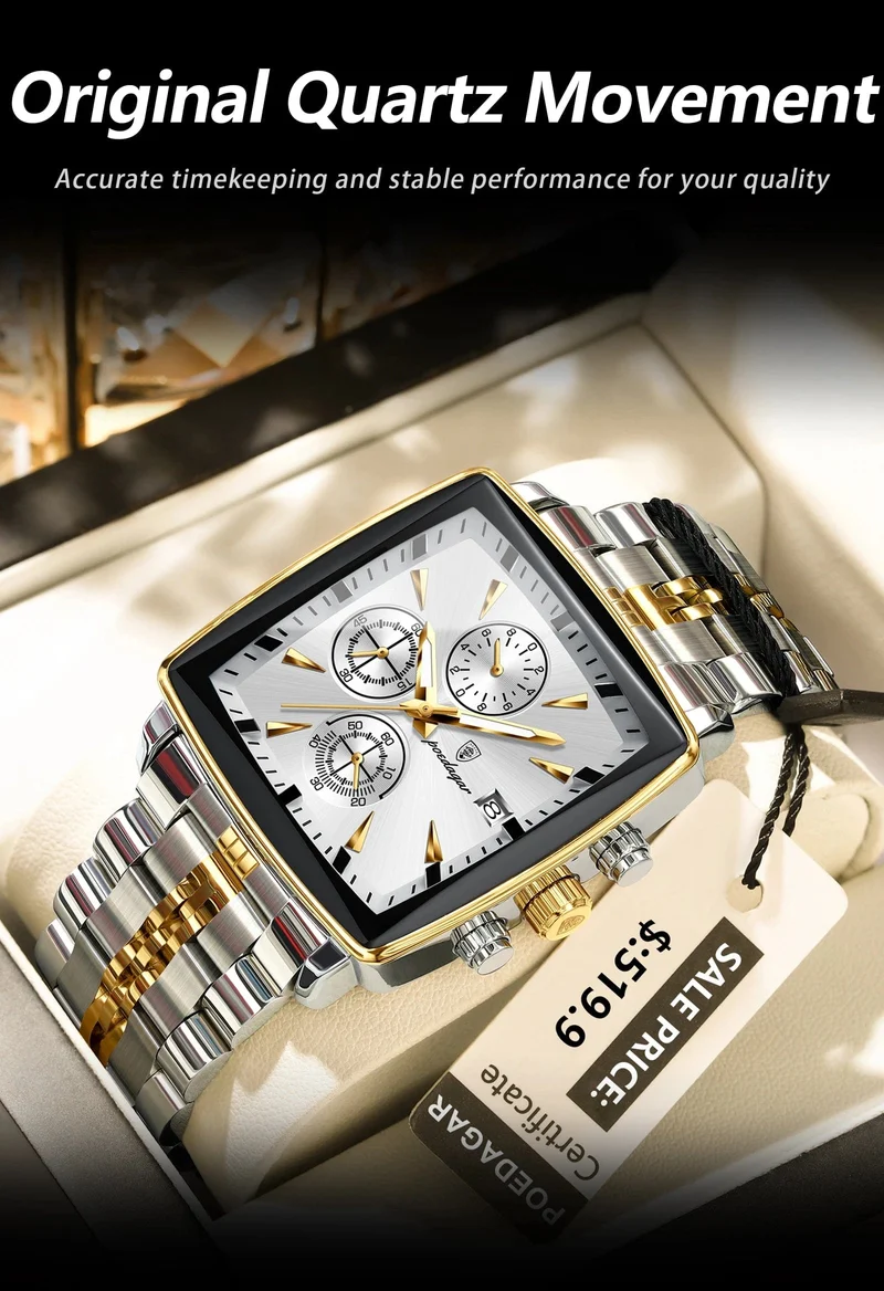 POEDAGAR Luxus Quadrat Sport Mann Armbanduhr Wasserdicht Leucht Chronograph Quarz Herren Uhren Edelstahl Männer Uhr Reloj