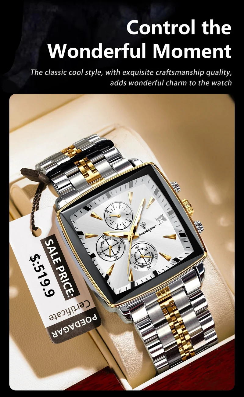 POEDAGAR Luxus Quadrat Sport Mann Armbanduhr Wasserdicht Leucht Chronograph Quarz Herren Uhren Edelstahl Männer Uhr Reloj
