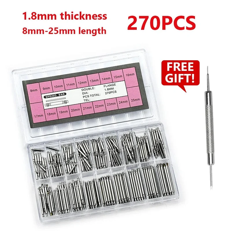 270 teile/satz Federstege aus spannungsfreiem Stahl Durchmesser 1.5 mm/1.8 mm Länge 8 mm – 25 mm/6 mm – 23 mm Armband Riemen Uhr Reparatur Werkzeuge Stift