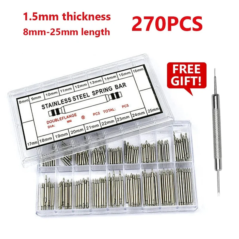 270 teile/satz Federstege aus spannungsfreiem Stahl Durchmesser 1.5 mm/1.8 mm Länge 8 mm – 25 mm/6 mm – 23 mm Armband Riemen Uhr Reparatur Werkzeuge Stift